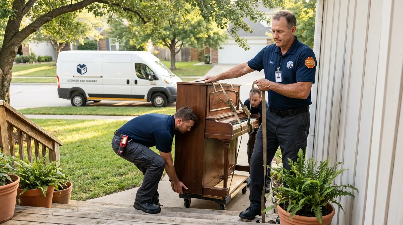 Licensed piano movers securing grand piano in Leetsdale, PA