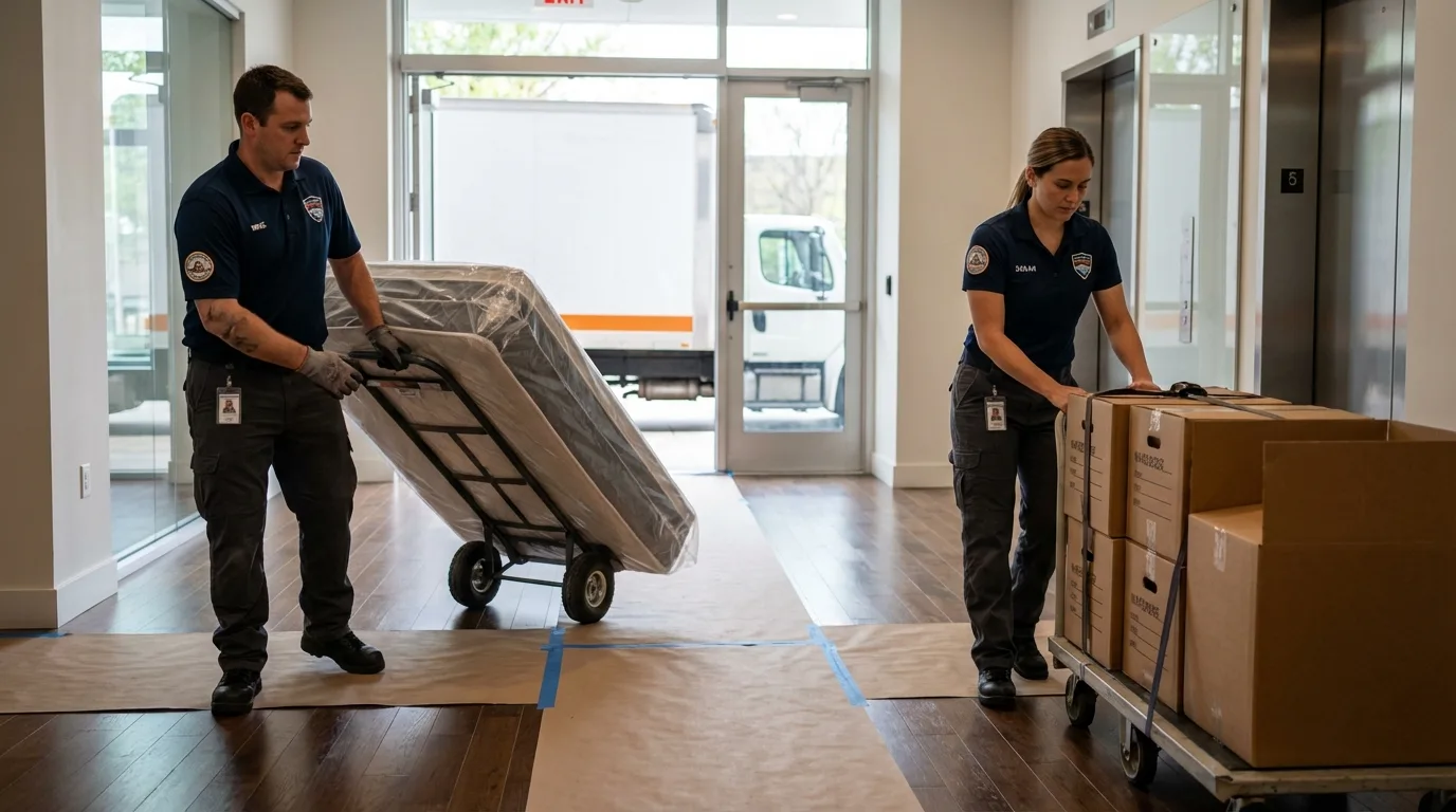 Professional apartment movers loading elevator in Leetsdale, PA