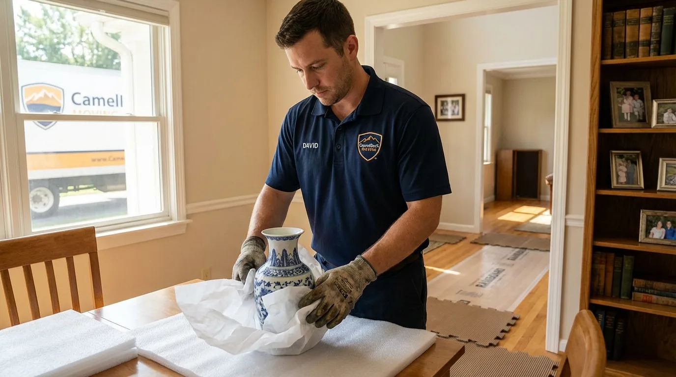 Professional crew carefully wrapping antique vase for senior downsizing move in Leetsdale, PA